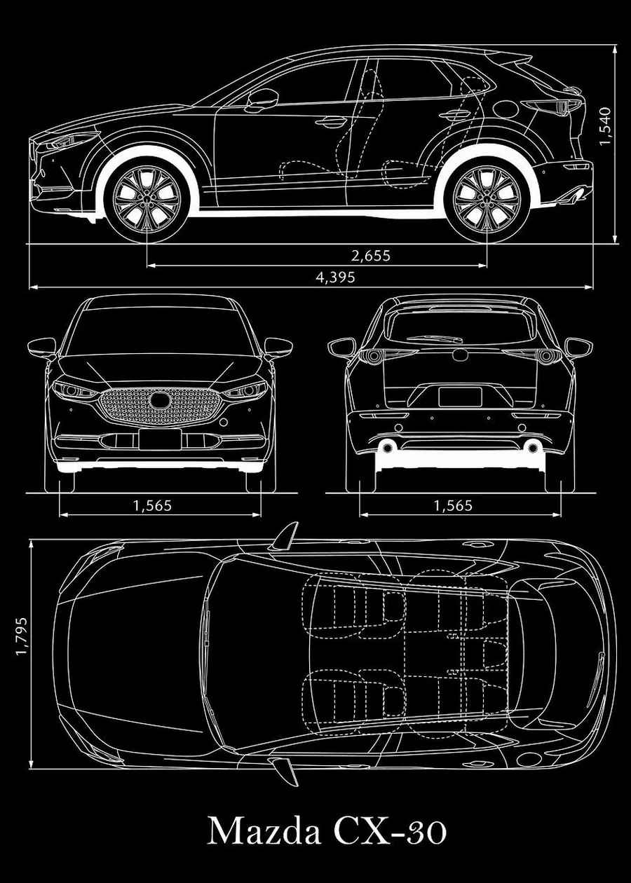 Dimenzije i proporcije modela Mazda CX-30 (tehnički crtež)