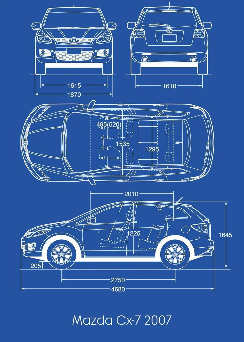 Dimenzije i proporcije modela Mazda CX-7 (tehnički crtež)