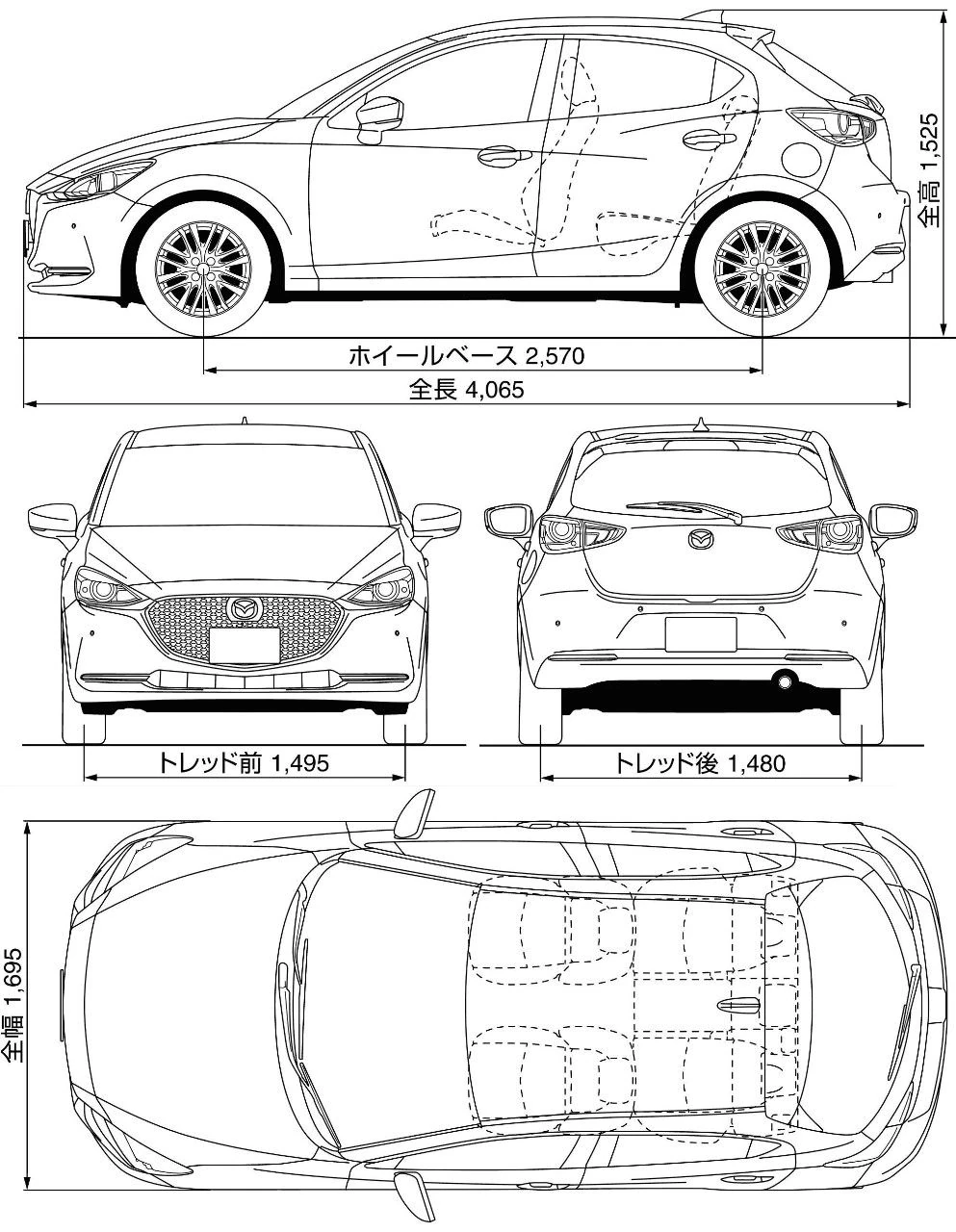 Dimenzije i proporcije modela Mazda 2 (tehnički crtež)