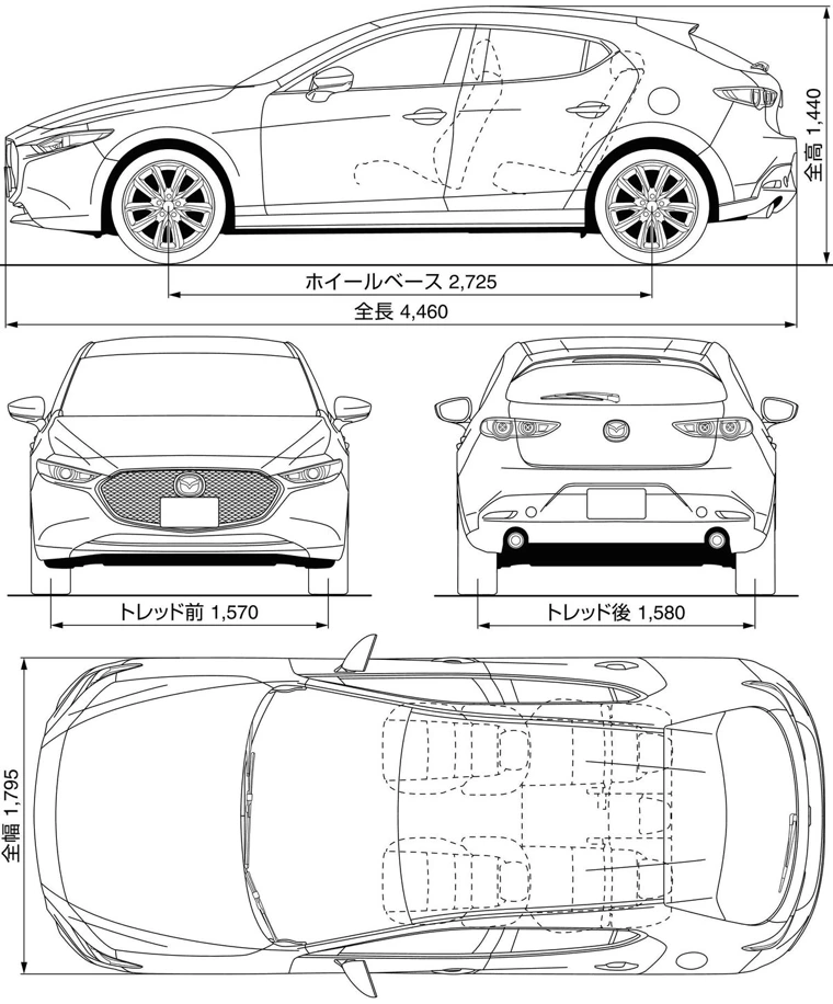Dimenzije i proporcije modela Mazda 3 (tehnički crtež)