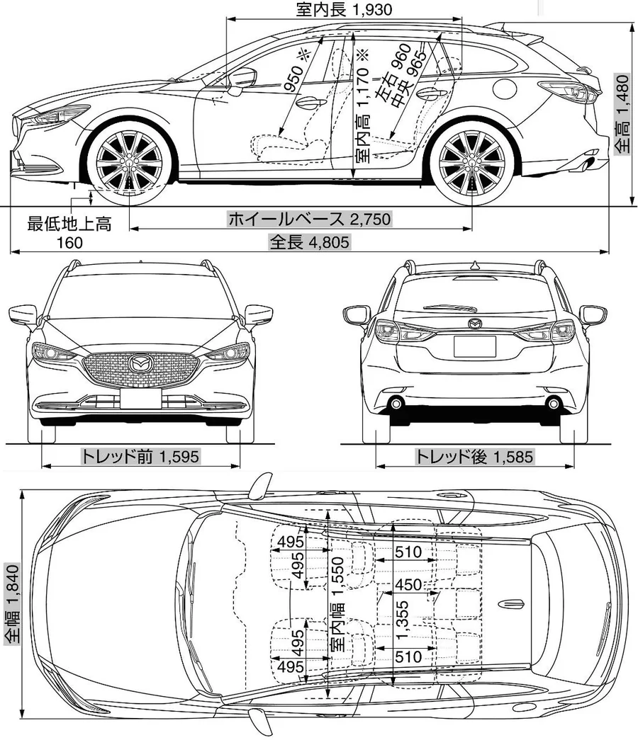 Dimenzije i proporcije modela Mazda 6 (tehnički crtež)