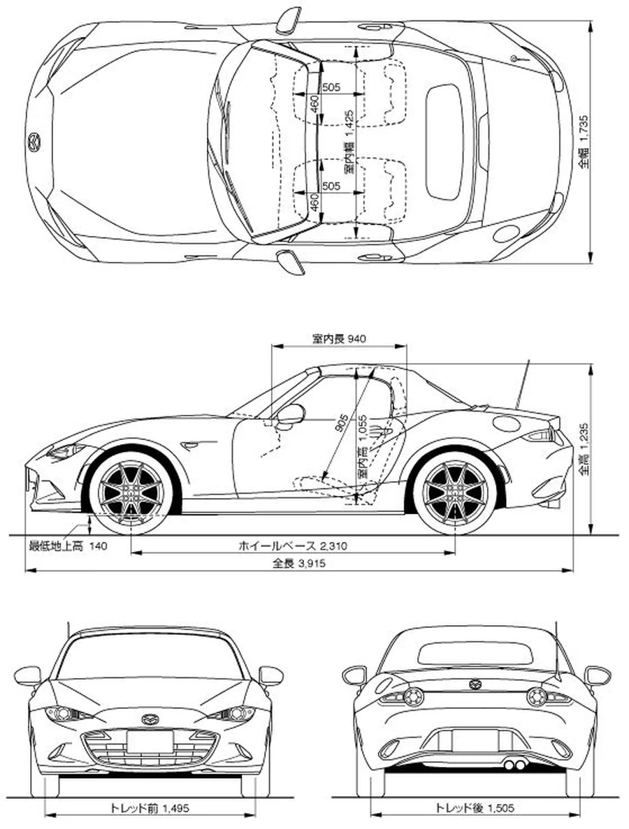 Dimenzije i proporcije modela Mazda MX-5 (tehnički crtež)
