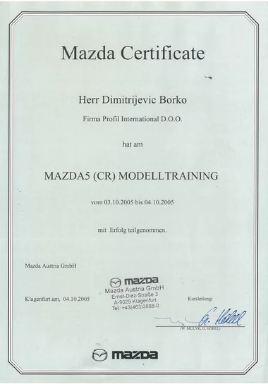 Mazda 5 (CR) — modelski trening, 2005.