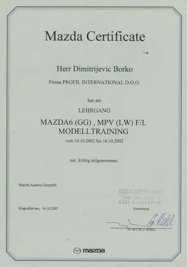 Mazda 6 (GG) i MPV (LW) — modelski trening, 2002.