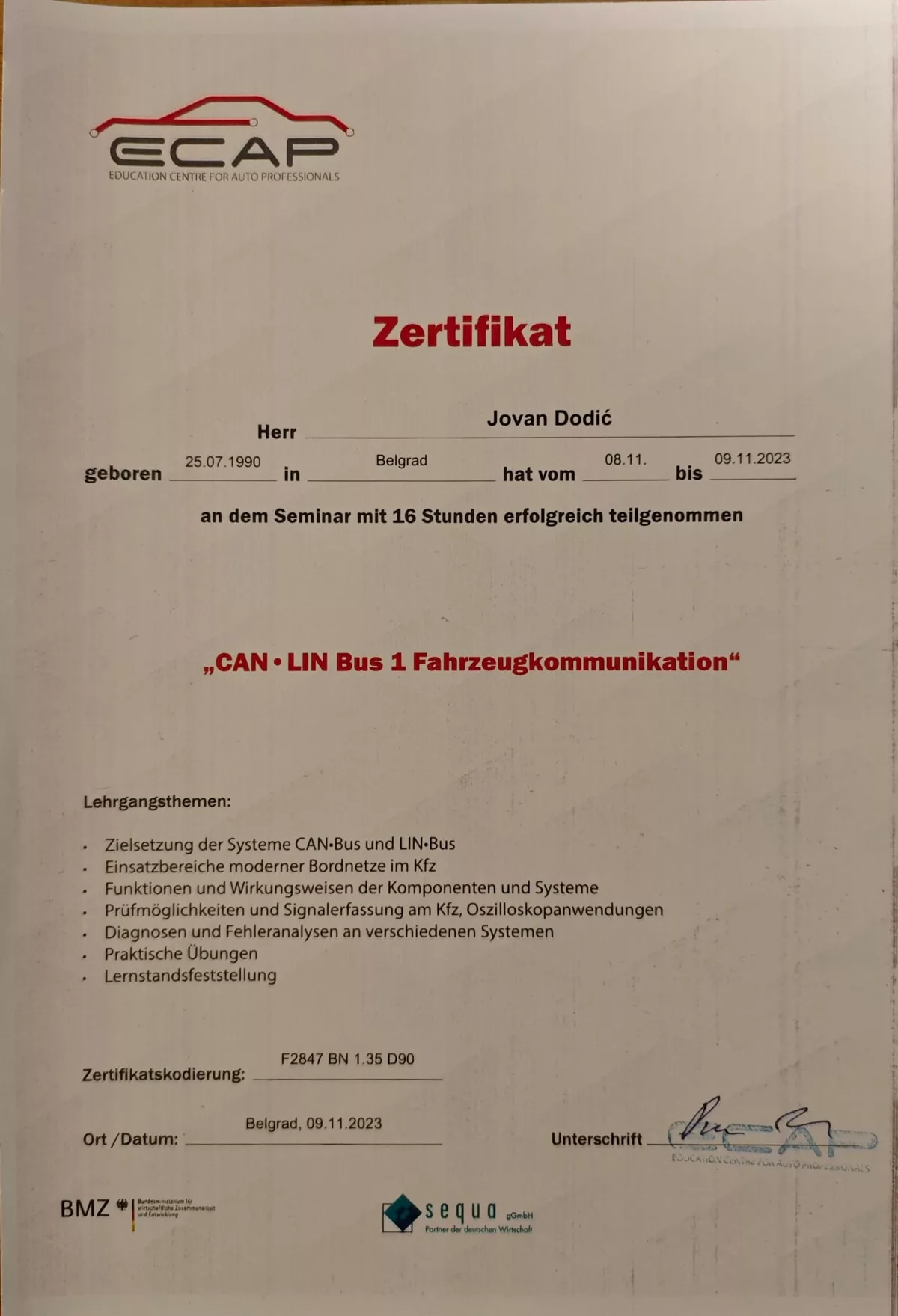 ECAP sertifikat — Jovan Dodić